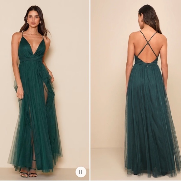 LULU's Prom Wedding Special Event Sexy Flowy Tulle Emerald Green Maxi Dress NWOT - Picture 4 of 5